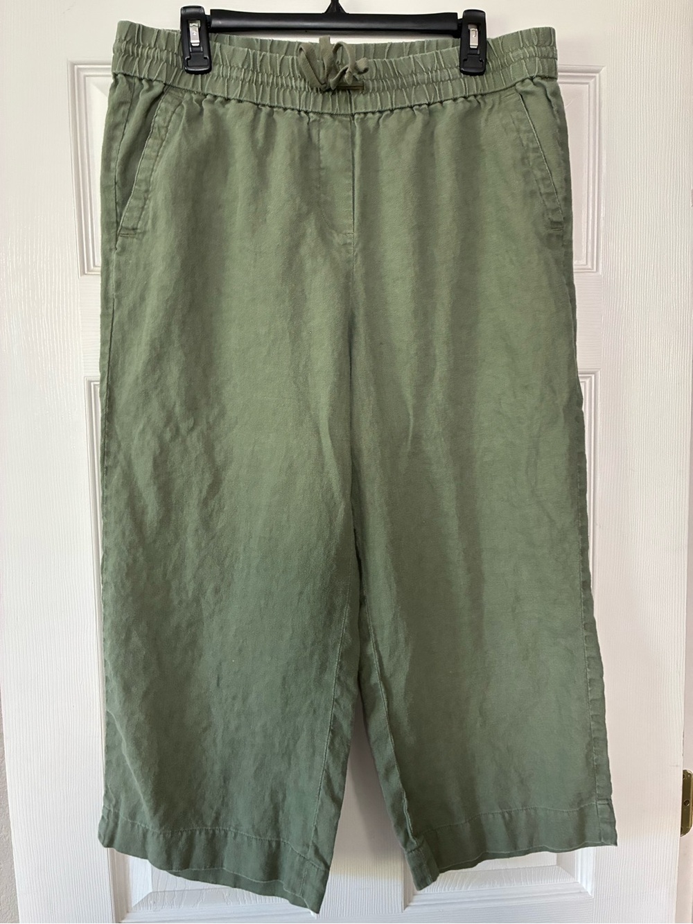 Talbots Distressed Linen Olive Green Cropped Drawstring Wide-Leg Pants - Picture 2 of 5